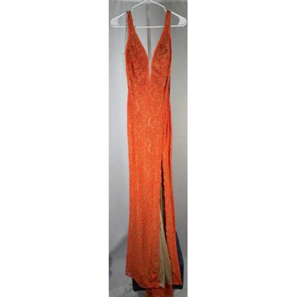 Jovani 08674 Orange Nude Plunging Neck Lace Dress Size 0 NWT - Picture 5 of 9